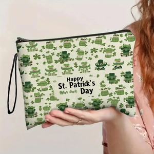 St Patrick's Day Makeup Bag Imitation Linen Cosmetic Pouch With Zipper Wristlet Clover Print Travel Toiletry Organizer