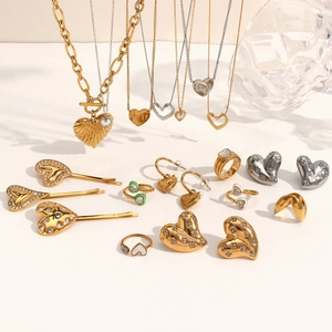 18K gold plated stainless steel jewelry set with heart pendants and zircon stones