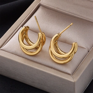 Minimalist Titanium Steel Multi Layer C Shape Stud Earrings For Women Retro Fashion Geometric Metallic Hoop Stud Earrings