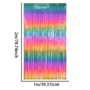 Detail of 2m rainbow gradient foil fringe curtain with specific size measurements