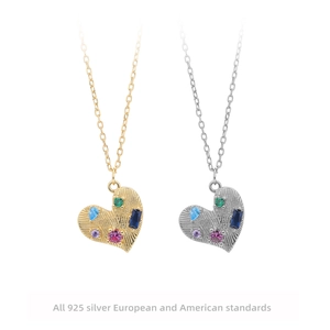 Elegant S925 sterling silver heart pendant necklace with colorful zircon stones in gold and silver