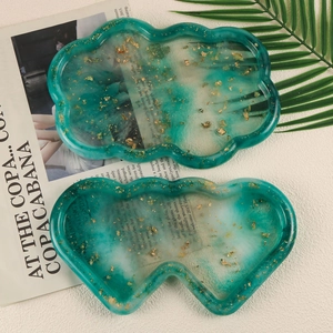 Cloud and double heart shaped resin tray set with green marble texture and gold foil inserts