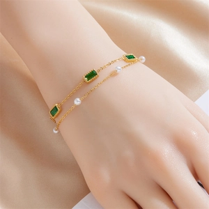 18K gold-plated double-layer stainless steel bracelet with green stones and pearls