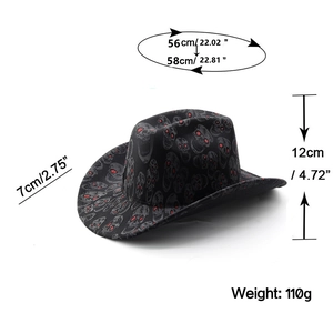 Detailed sizing chart and skull print design on a black jazz cowboy party hat