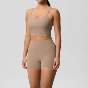 Detail of khaki seamless yoga set showing breathable matte fabric and high-waist fit