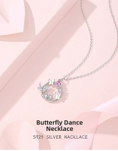 Detail of S925 silver necklace with pink heart zircon and butterfly pendant