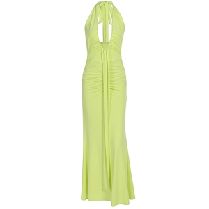Elegant lime green halter neck maxi dress with deep V-neck and ruched bodycon mermaid silhouette