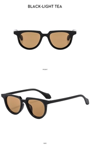Front and side views of black frame sunglasses with light tea lenses on white background