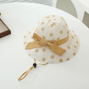 Kids Girls Bucket Hat Cotton Blend Polka Dot Wide Brim Sun Protection Bow Decor Adjustable Windproof Rope Sweet Style
