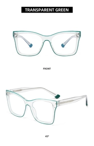 Detailed front and side views of transparent green cat-eye anti-blue light glasses frames