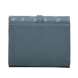 Detail view of mist blue PU leather tri-fold wallet with leaf print and stitching
