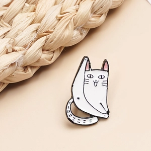 Cute white enamel cat pin with pink ears in minimalist Japanese style accessory