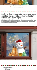 Detailed Christmas window decals featuring snowman motifs and festive gift box arrangements