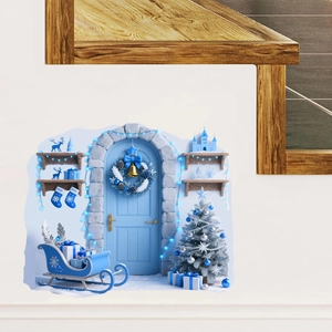 3D Christmas wall stickers set featuring blue arched door and decorated festive tree