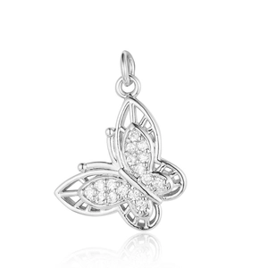 Macro view of silver hollow butterfly pendant with clear zircon inlay and ring detail