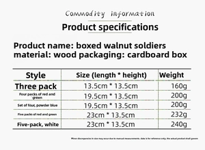 Size chart for wooden nutcracker soldier ornaments showing dimensions and weights