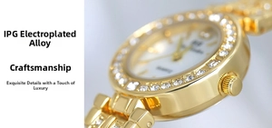 Macro shot of gold quartz watch with IPG alloy plating and crystal bezel details