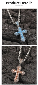 Detail of hip hop cross pendant featuring blue and champagne square-cut zircon stones