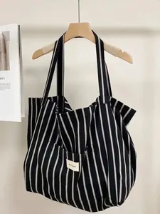 Large Canvas Tote Bag Striped Shoulder Handbag Casual Simple Style For Women High Capacity Travel Shopping