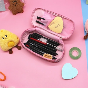 Pink leather cartoon stationery bag with mesh pockets and pen slots for students