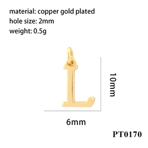 Detailed specs of letter L pendant in gold plated copper measuring 10mm by 6mm