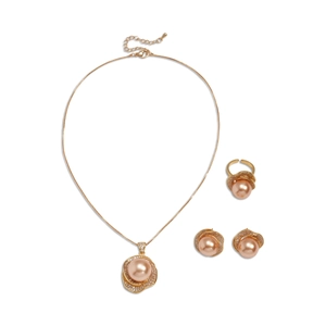 Elegant gold flower jewelry set with champagne pearls and shimmering cubic zirconia