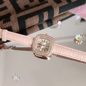 Luxurious rose gold square watch for women with sparkling diamonds and pink leather strap