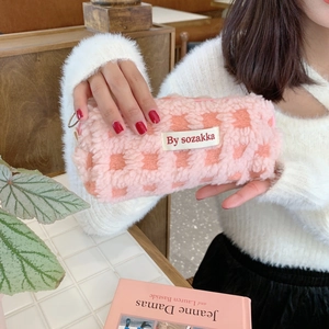 Pink and white waffle fleece pencil case with soft lamb wool texture and large capacity