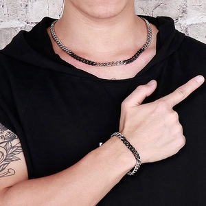 Polished silver and black two-tone stainless steel Cuban chain necklace and bracelet set