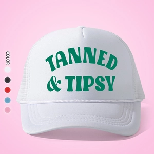 White trucker hat with Tanned & Tipsy print and adjustable mesh back in various colors