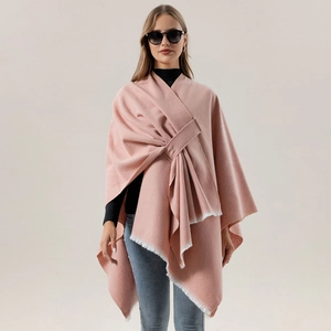 Pink cashmere-feel open front poncho with white tassels and knot design for winter