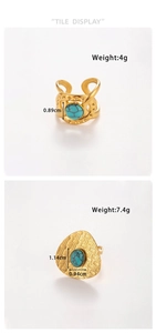 Detail display of gold adjustable rings with turquoise insets, showing size and weight specs