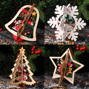 Lot de 4 décorations de Noël en bois 3D avec motifs de Père Noël et de bonhomme de neige