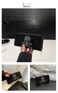Detail of long black suede wallet with silver rhinestone skull and metal zipper closure