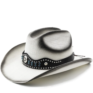 Western Cowboy Straw Hat Wide Brim Sun Protection Star Badge Rivets Decorative Band Outdoor Beach Costume Travel