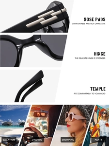 Detail view of comfortable nose pads and hinges on retro rectangular sunglasses