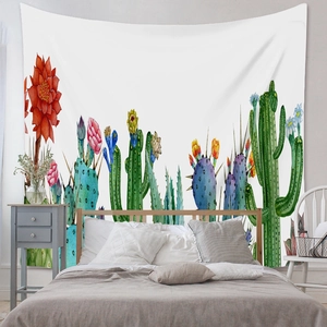 Detail of bohemian cactus tapestry with high-definition digital floral printing