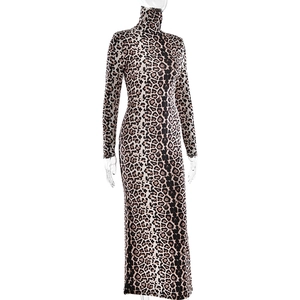 Detailed view of leopard print texture and high collar stitching on the slim fit maxi dress