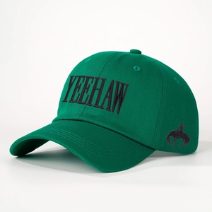 Dark green cotton baseball cap featuring black Yeehaw embroidery and cowboy graphic design
