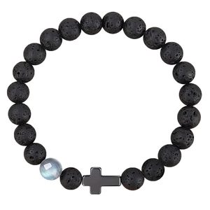Bracelet Croix en Pierre de Lave Naturelle 8mm Hommes Femmes Perles Élastiques Faites à la Main Pierre de Lune Bijoux Religieux