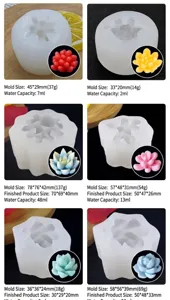Detailed view of six succulent silicone molds showing dimensions and sample finished candles