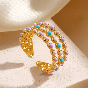 Stainless Steel Three Layer Enamel Round Bead Open Adjustable Ring Colorful Geometric Fashion Chic Jewelry For Women