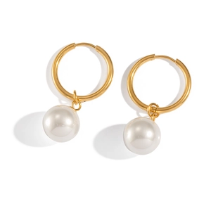 Classic French vintage 18K gold plated stainless steel hoop earrings with large white pearls