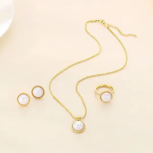 Round Shell Pendant Necklace Stud Earrings Ring Stainless Steel Twisted Chain Rhinestone Elegant Fashion Jewelry Women