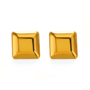 Minimalist square stud earrings for women in polished golden stainless steel on white back