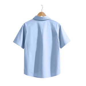 Detailansicht eines hellblauen Kurzarmhemdes auf einem Holzbügel mit klarem Rückenschnitt