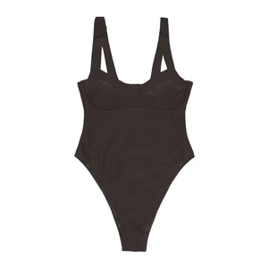 Detail view of dark one-piece swimsuit with underwire cups and wide shoulder straps