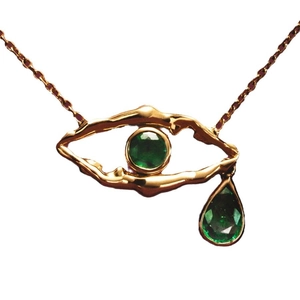 Gold evil eye necklace with green emerald teardrop pendant in 18k gold plated finish
