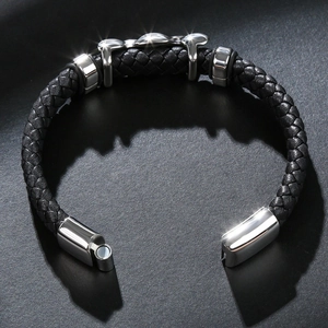 Men's hip hop braided black leather punk bracelet with silver magnetic metal clasp