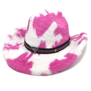 Chapeau de cowboy en peluche imprimé vache rose avec emblème de taureau et bande en cuir